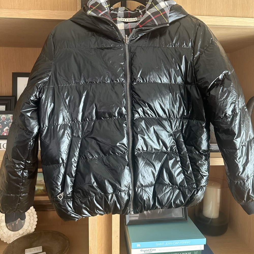 Alice + Olivia Black Shiny Puffer Jacket with Plaid Lining